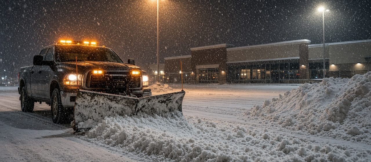 A dark pickup with amber lights and a front plow blade pushing snow across a parking lot at night, with tall pole lights, a storefront building and a snow pile behind it, in Waukee, Iowa