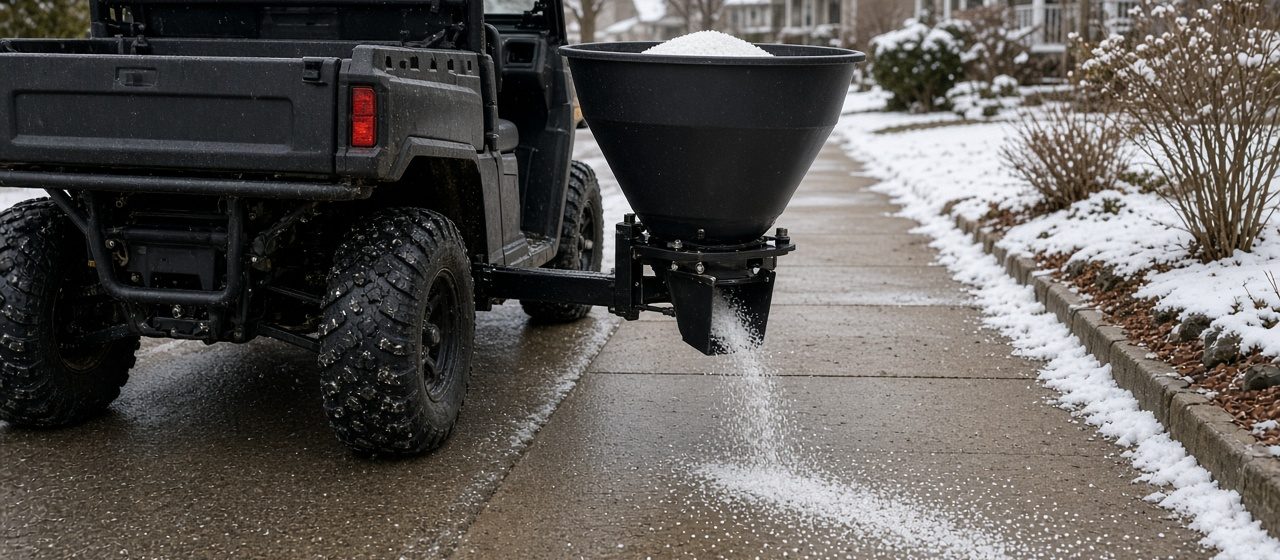A black cone-shaped spreader on the back of a utility vehicle spreading salt on a sidewalk, in Waukee, Iowa