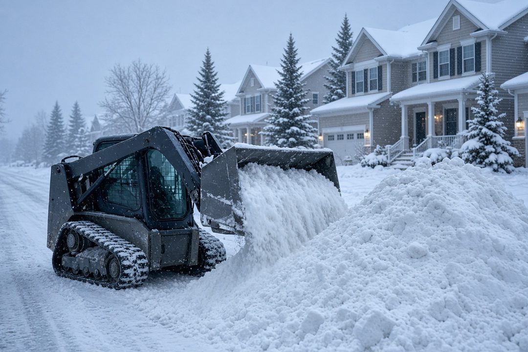 A tracked skid steer pushing snow into a tall pile beside a residential street lined with two-story houses and evergreen trees in falling snow, in Waukee, Iowa