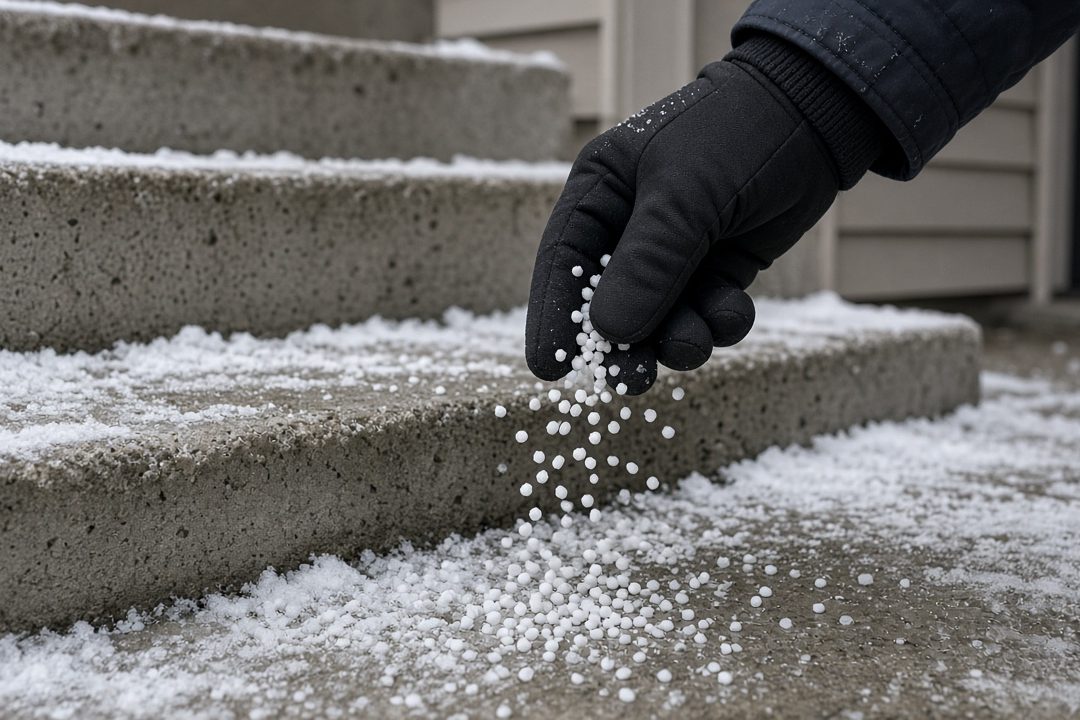 A gloved hand scattering white ice melt pellets onto snowy concrete steps, in Waukee, Iowa