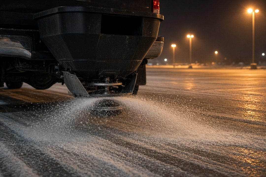 A black tailgate hopper on the back of a truck spreading salt across a parking lot at night, in Waukee, Iowa