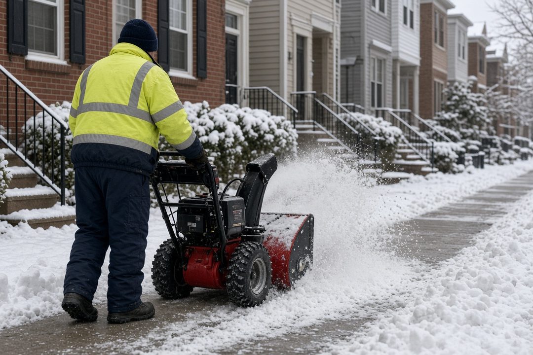 A worker in a yellow high-visibility jacket clearing a snowy sidewalk with a red two-stage snow blower in front of a row of brick townhomes, in Waukee, Iowa